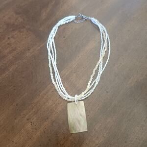 Mother Of Pearl Shell Pendant Glass Seed Bead Multistrand Necklace Boho Coastal
